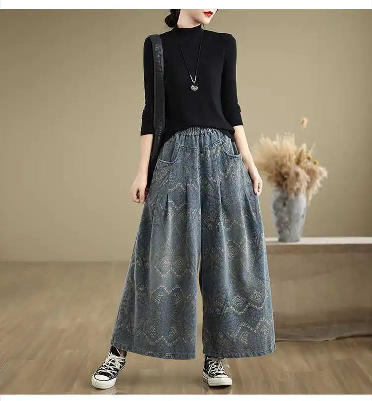 2026 Women's High Waist Wide Leg Jeans Loose Casual Straight Fit Trousers Elastic Waist Spring Autumn Vintage Print Denim Pants
