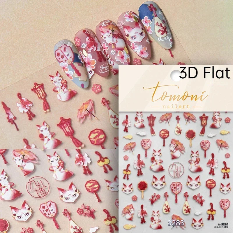 Elegant Chinese Charm Shiny Nine-tailed Fox Mask Red Equinox Flowers Tragedy Love Soft Reliefs Nail Art Stickers Manicure Decals
