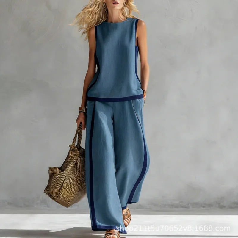 New Fashion Retro Printed Sleeveless Tops Trousers 2-piece Sets Women's Summer Casual Vest Loose Wide Leg Trousers Female Suit