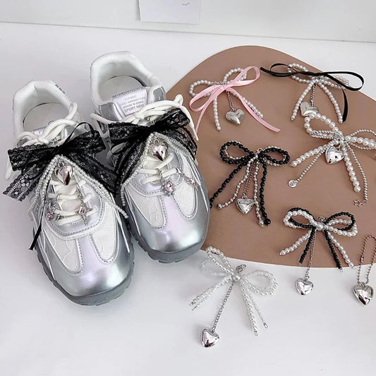 Luxury Lace Pearl Bow Shoelaces Charms DIY Pendant Love Shoe Chain Buckle Sneakers Decorative Accessory Single Piece