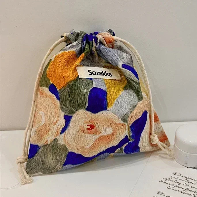 Kawaii Cloth Floral Drawstring Storage Bag Cosmetic Organizer for Women Makeup Handbags Wallet Small Pouch