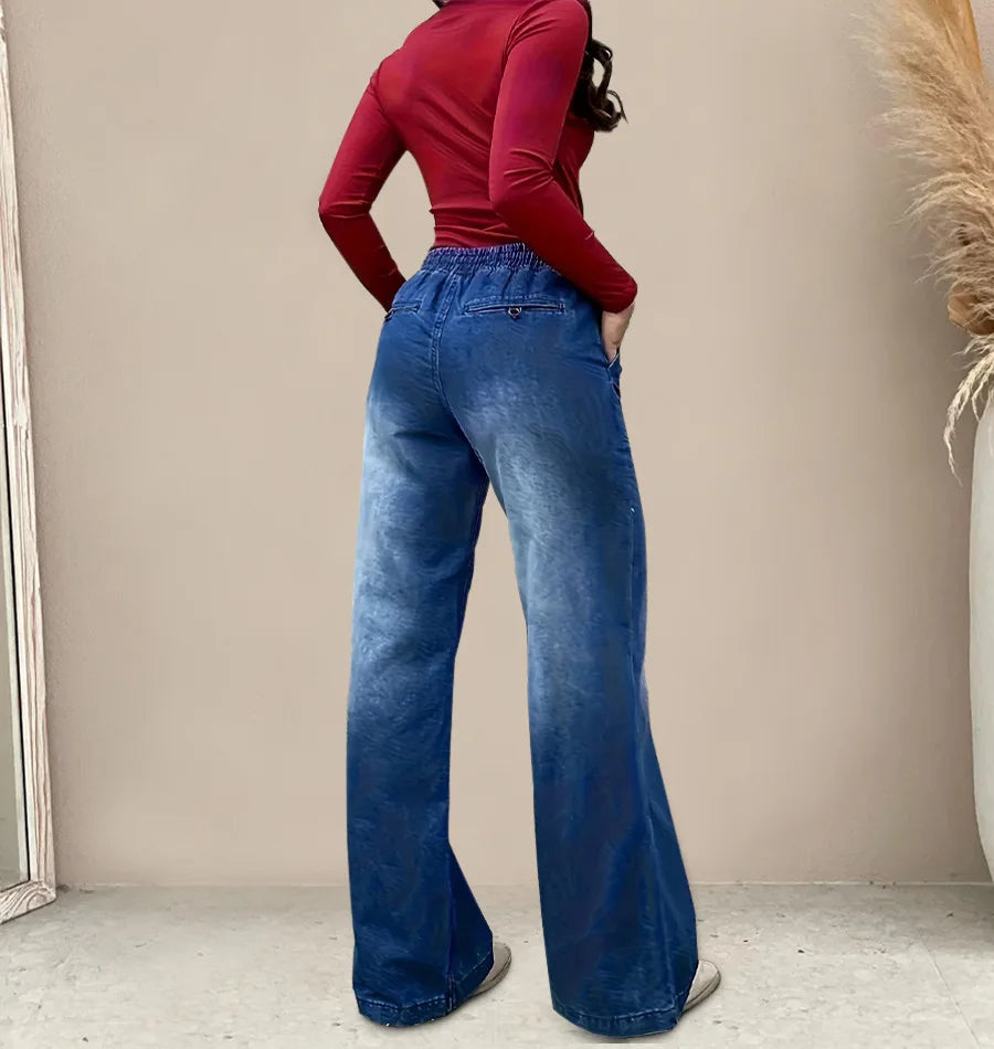 Women Jeans Vintage Denim Pant Elastic Waist Lace Up Wide Leg Long Pants Straight Trousers Y2k Streetwear Splice Work Spring