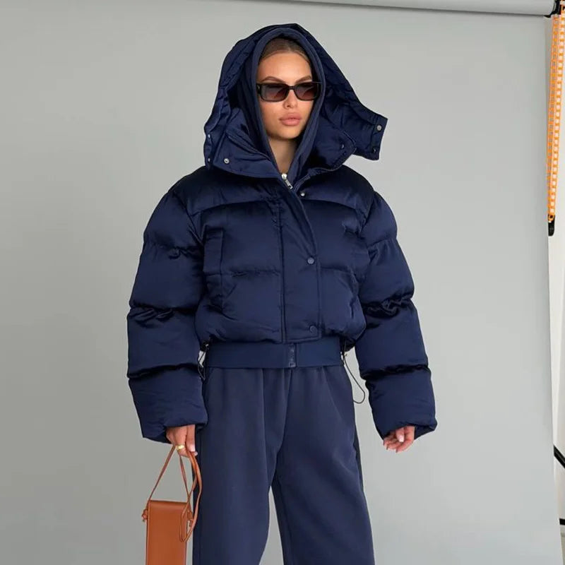 Casual Women's Puffy Cotton Coats Detachable Hood Drawstring Stand Collar Zipper Full Sleeve Coat 2026 Autumn Winter Down Jacket