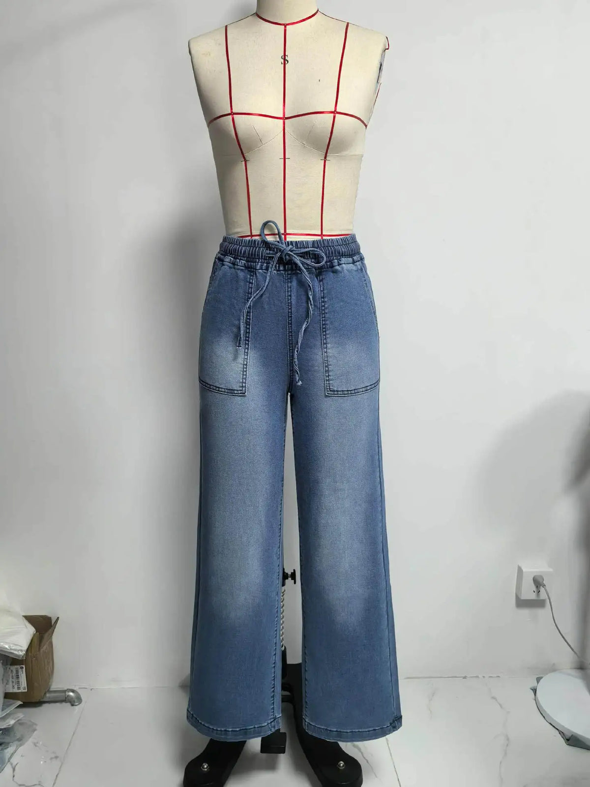 Chic High Waist Drawstring Denim Pants Women's Straight Wide Leg Jeans Fashion Trousers