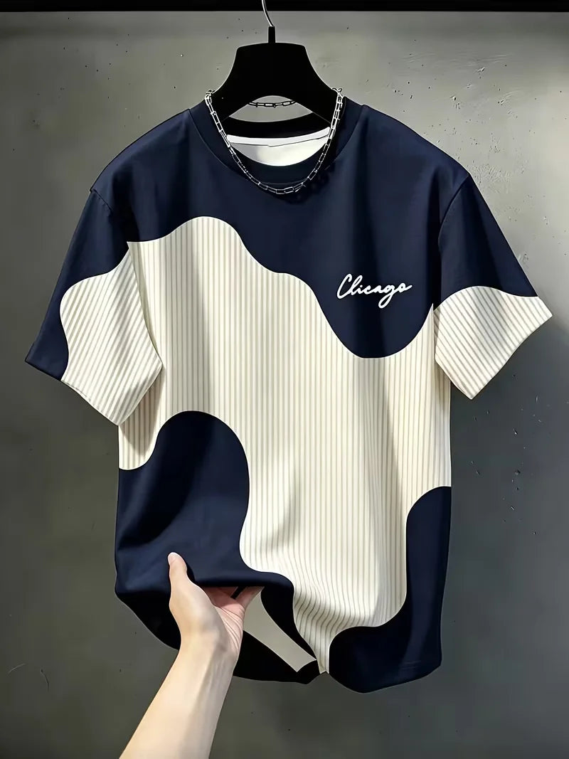 Men'S Casual Round Neck T-Shirt, Geometric Pattern Patchwork Striped Design, "Chicago" Word Pattern Top
