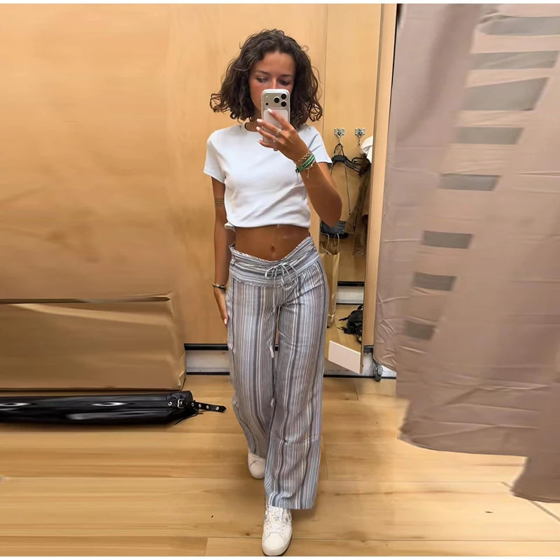 Striped Women's Trousers Low Waist Tie Casual Pants Vertical Stripe Floor Length Pants Daily Fashion Wear 2026 Collection