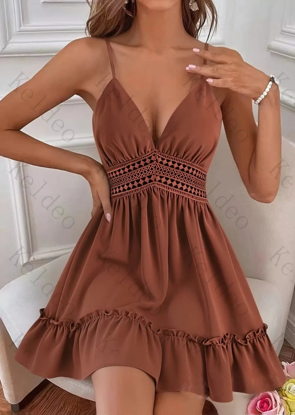 Customized Cocoa Spaghetti Strap Short Evening Dress Deep V Neck Hollow Crochet Waist Ruffle Hem A Line Mini Gown Cocktail Beach
