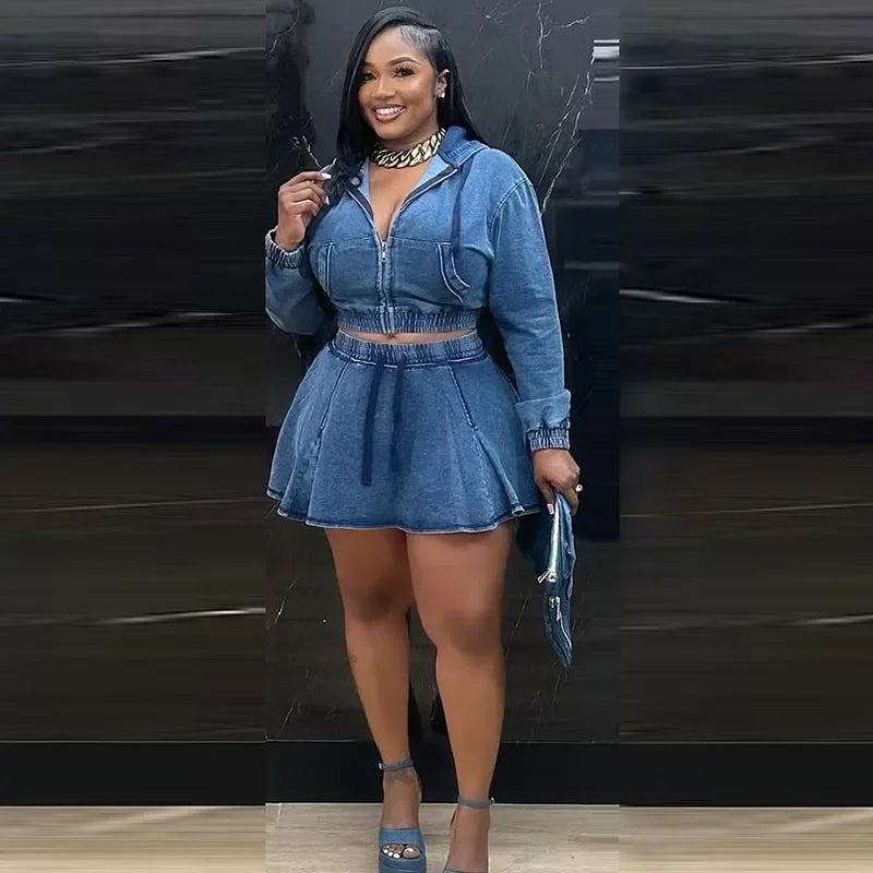 Streetwear Denim Set Woman Two Piece Outfit Casual Zipper Hooded Jacket Top and Mini Skirt Jeans Matching Sets Ensemble Femmes