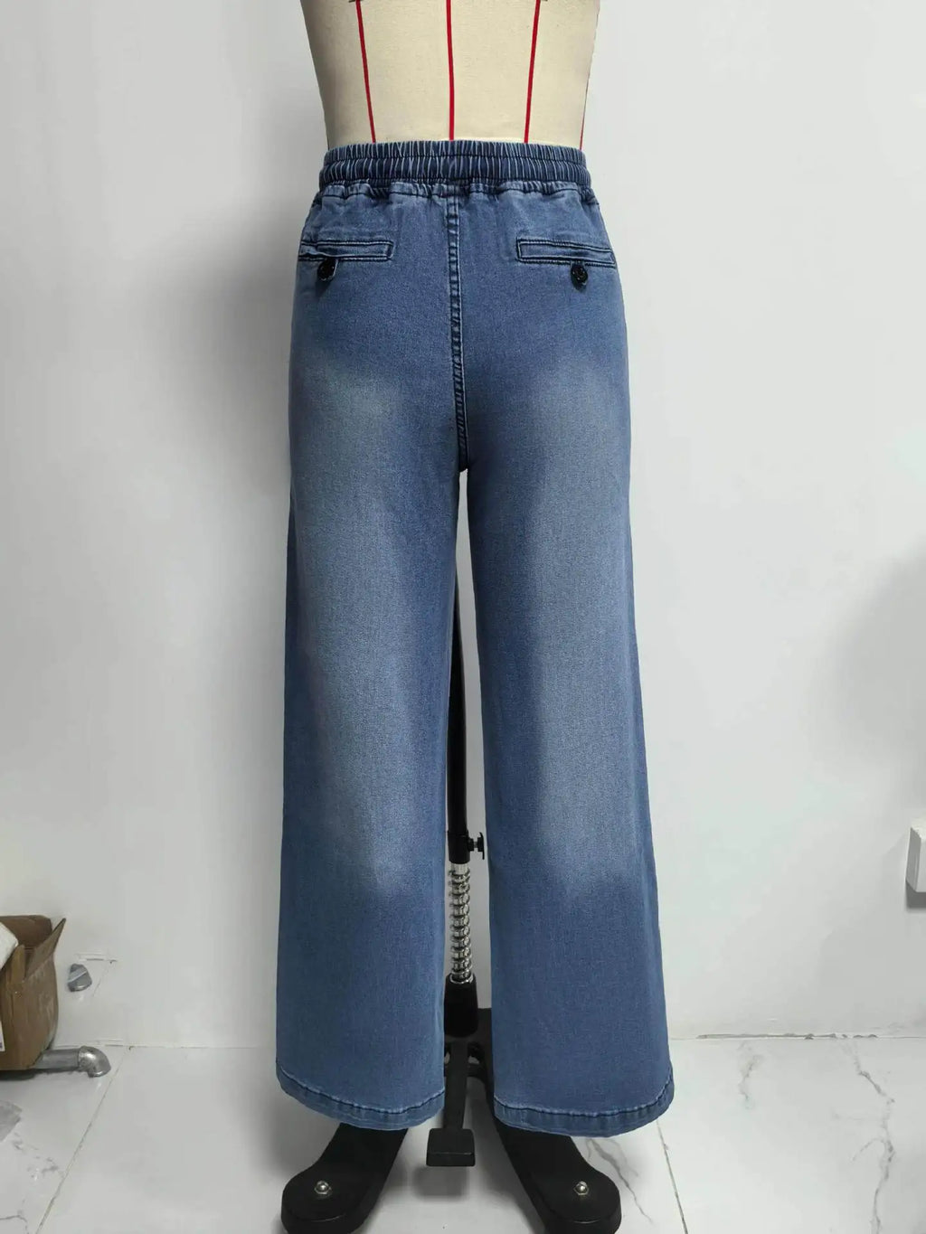 Women Jeans Vintage Denim Pant Elastic Waist Lace Up Wide Leg Long Pants Straight Trousers Y2k Streetwear Splice Work Spring
