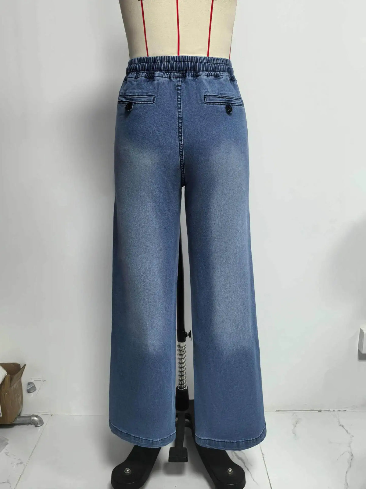 Women Jeans Vintage Denim Pant Elastic Waist Lace Up Wide Leg Long Pants Straight Trousers Y2k Streetwear Splice Work Spring