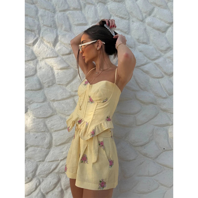 Print Spaghetti Strap Shorts Set Women Chic Boned Shaping French Floral Ruffled Waist Corset Set 2026 Lady Summer Daily Outfit