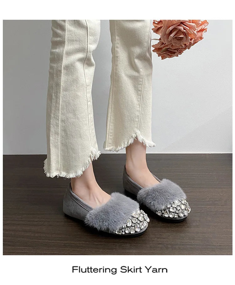 Luxury Glitter Rhinestone Ladies Plush Flat Shoes Female Cozy Crystal Decorate Loafers Winter Warm Walking Driving Shoes Casual