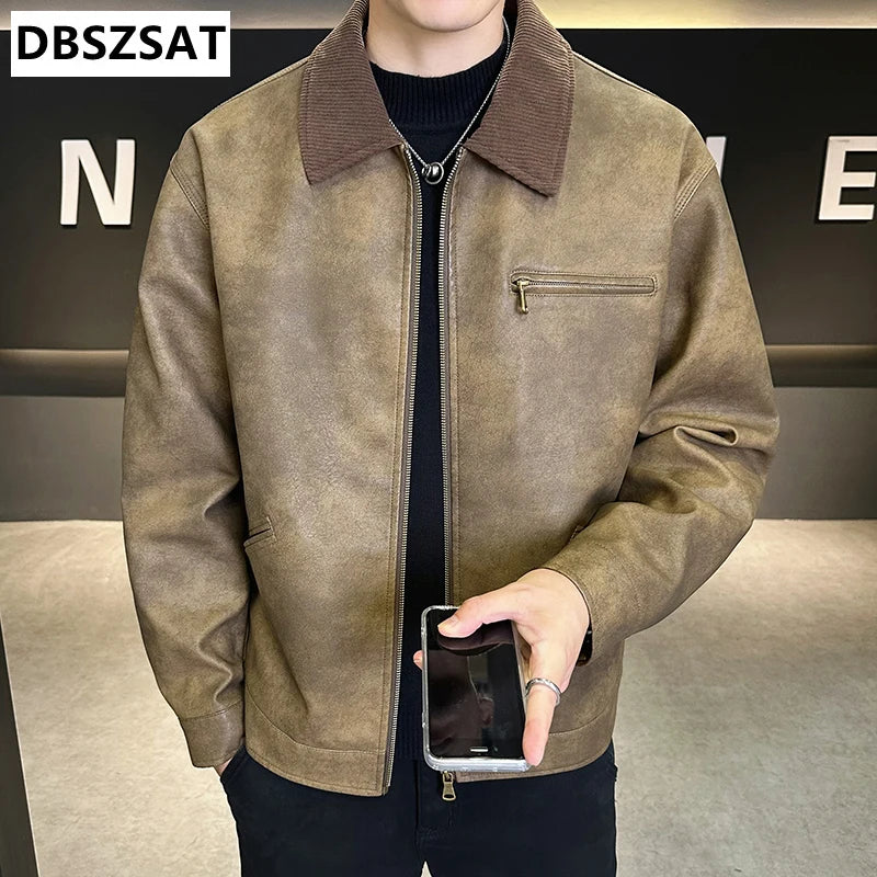 2029  Motorbiker Jacket Men's American Autumn Winter Hip-hop PU Leather Jackets Men Streetwear Racing Motorcycle Wear