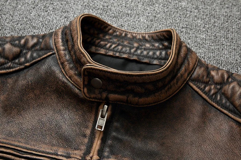 NEW Men's Vintage Motorcycle Jacket Stand Collar Natural Cowhide Jacket Classic Top Layer Cowhide Moto Suit Biker Clothing