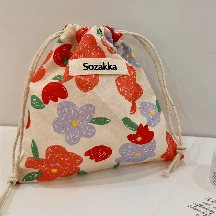 Kawaii Cloth Floral Drawstring Storage Bag Cosmetic Organizer for Women Makeup Handbags Wallet Small Pouch
