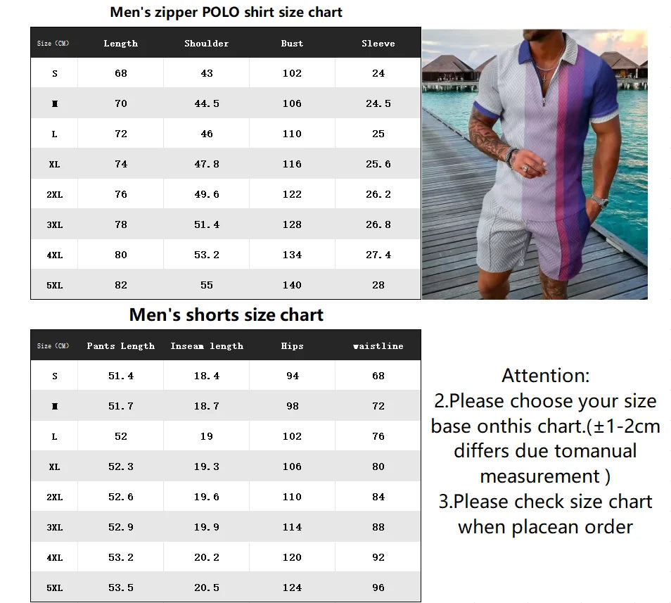 Men Zipper Polo Shirt Suit 2 Pcs Tracksuit Summer 3D Print Beach Boho Geometric Style Holiday Clothing Ensembles De Sport