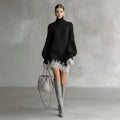 Elegant Women's Dress Stand Collar Full Sleeve Solid Lace Patchwork Knitted Female Dresses 2025 Winter Fashion Cozy Lady Robes