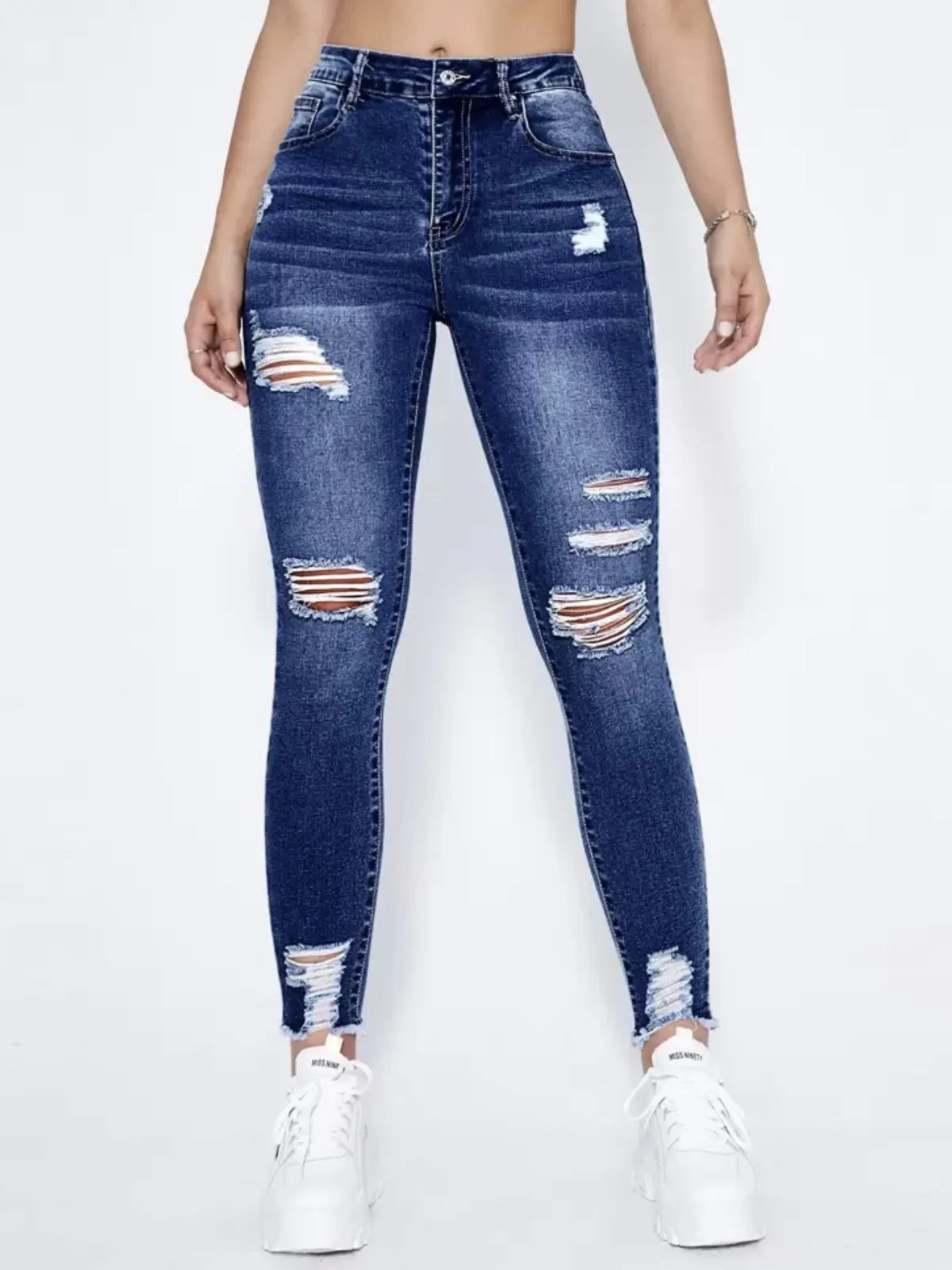 New In Women Fashion Mid Waist Ripped Hole Jeans Casual High Street Denim Pants Sexy Frayed Slim Fit Pencil Pants for Women