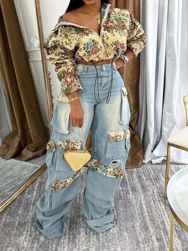 URBANCREW Floral Denim Jacket & Cargo Jeans Set
