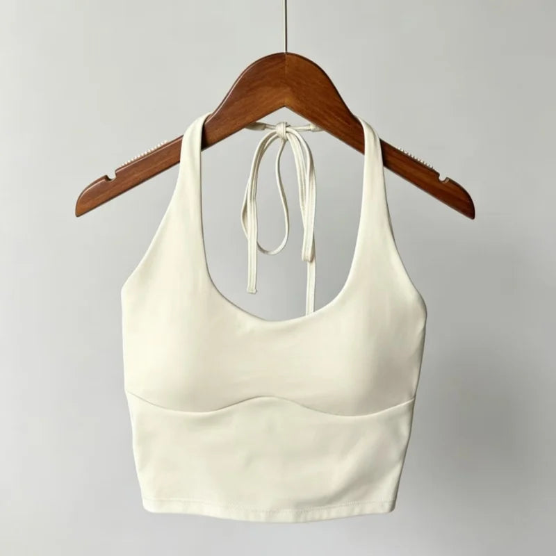 Women Halter Tie‑Up U‑Neck Yoga Sports Top Stylish Design Breathable Comfortable Integrated Fixed Cup Cropped Tank Top Fitness