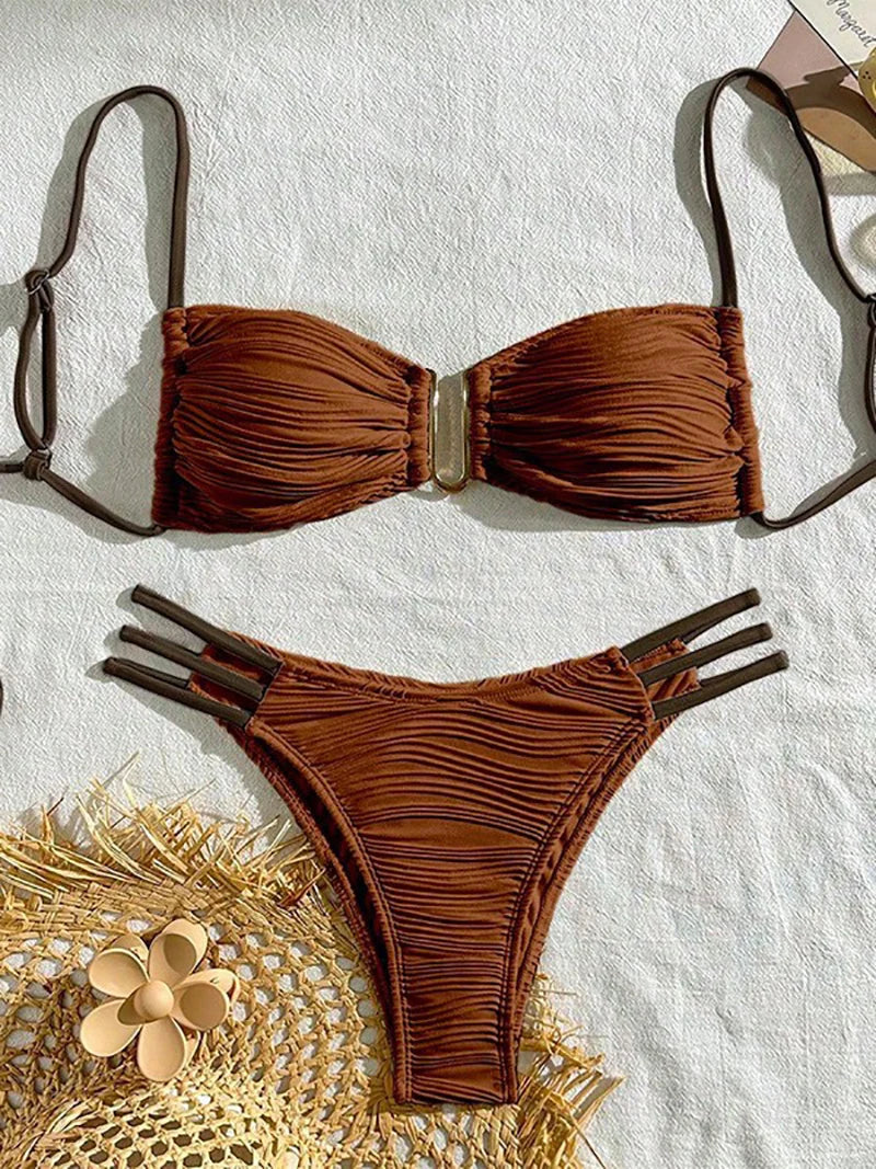 New Low waist Sexy Two-piece Bikini Women U-neck Hollow Swimwear Solid Tube Top Gathered Swimsuit Tight Backless Beachwear 2025