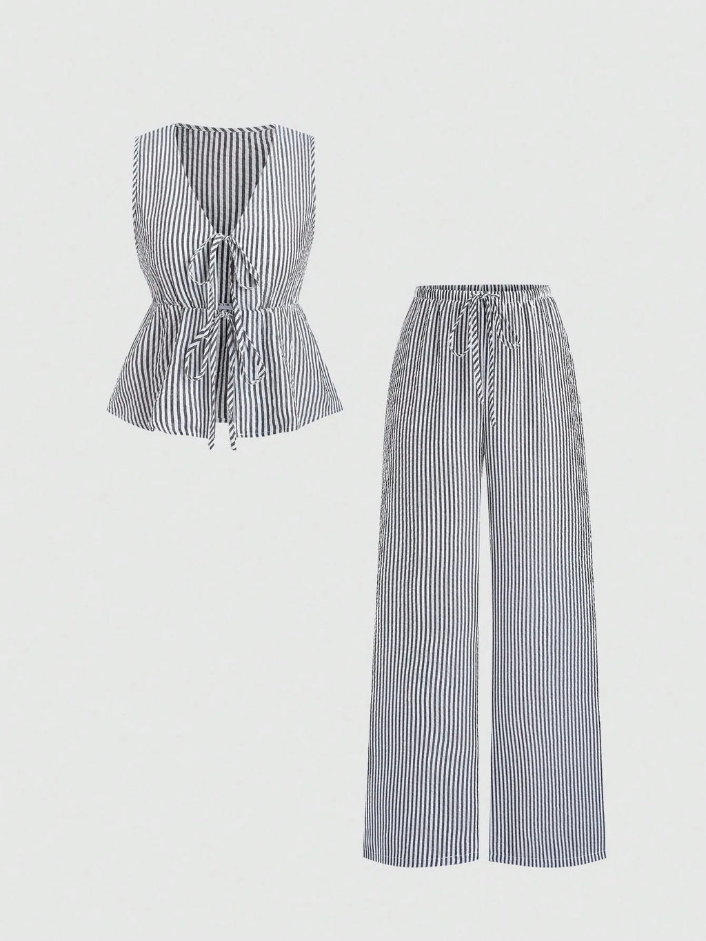 2026 European‑style Summer Solid‑Color Striped Outfit, Tie‑Strap Tank Top & Loose Trousers, Casual Sweet Two‑Piece Set