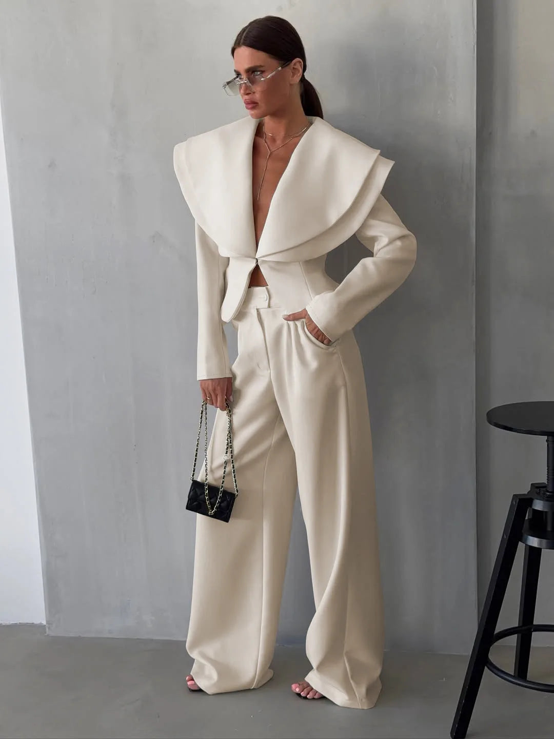 Chic Big Lapel Coat Pants Women Set Elegant Full Sleeve Single Breasted V-neck Straight Loose Trousers Solid Autumn Fashion Set