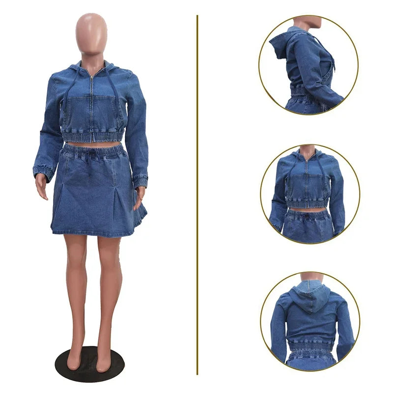 Streetwear Denim Set Woman Two Piece Outfit Casual Zipper Hooded Jacket Top and Mini Skirt Jeans Matching Sets Ensemble Femmes