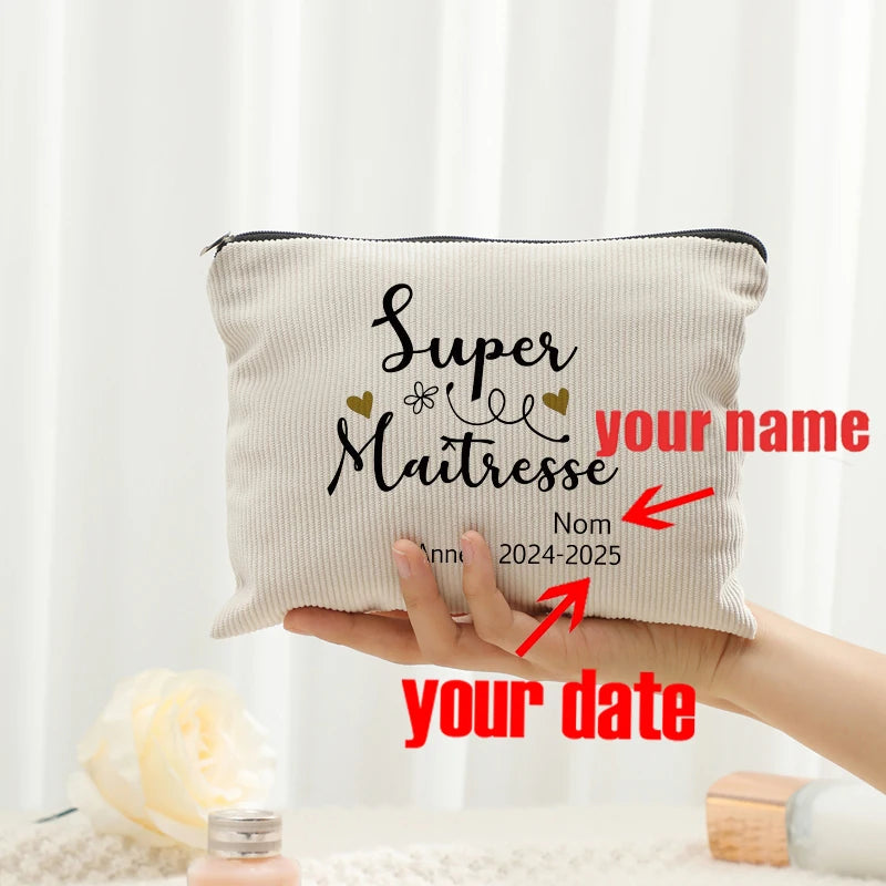 Personalized Floral Maitresse Appreciation Cosmetic Bag Custom Name Toiletry Case Gift for Educators End of School Year Present