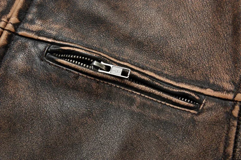 NEW Men's Vintage Motorcycle Jacket Stand Collar Natural Cowhide Jacket Classic Top Layer Cowhide Moto Suit Biker Clothing