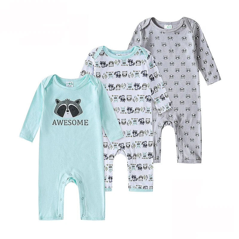 Kit 3 Baby Rompers Long Sleeve Footless Printed Infant Boy Girl Clothes