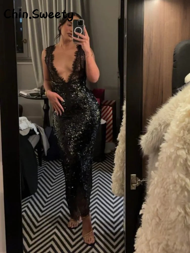 Sexy Deep V-neck Lace Spliced Sequins Long Dress Women Sleeveless Backless Hip Package Slim Dresses 2026 Spring Lady Party Gowns