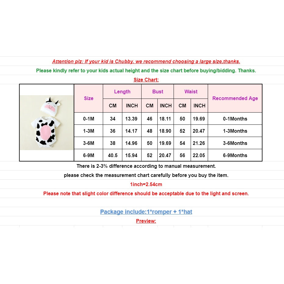 0-9 Months Newborn Baby Boy and Girl Romper Cute Cow Pattern Short Sleeve Bodysuit with Hat Summer Playsuit Clothing