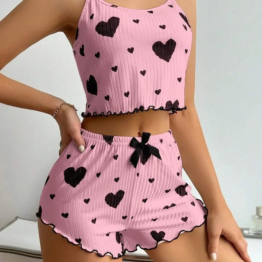 Summer Women's Heart Print 2PCS Pajamas Set Soft Ribbed Tank Top and Shorts Nightwear Sleepwear Loungewear