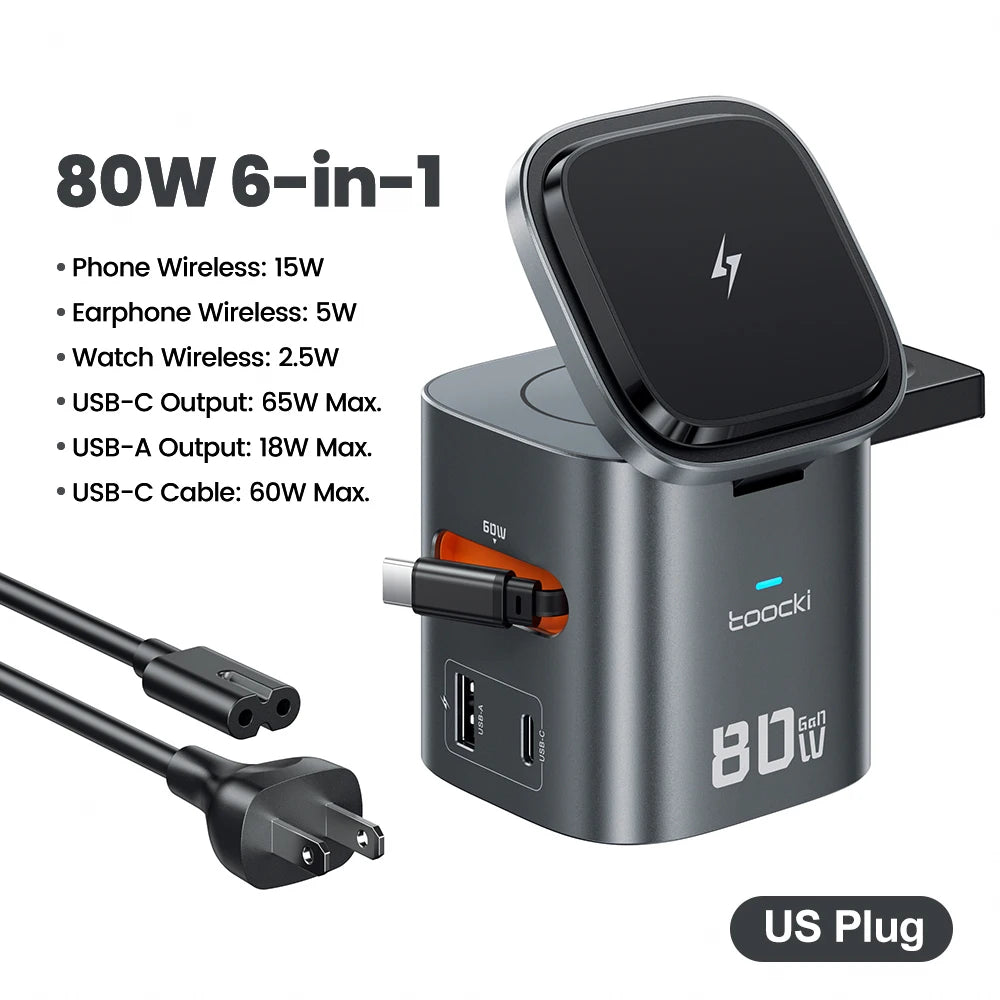 Toocki 80W 6-in-1 GaN Charging Station Type C PD 65W Retractable Fast Charger Wireless Adapter For iPhone 16 17 iWatch AirPods