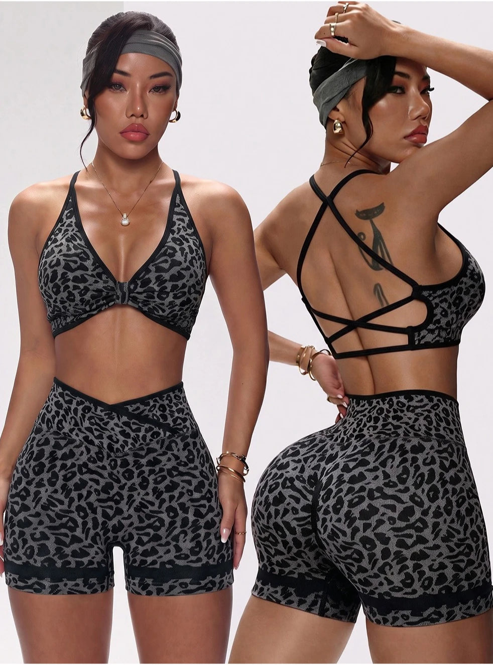 Women Seamless Leopard Print Yoga Outfit Cross Back Sports Bra and Biker Shorts 2 Piece Set Gym Workout Fitness Active Wear