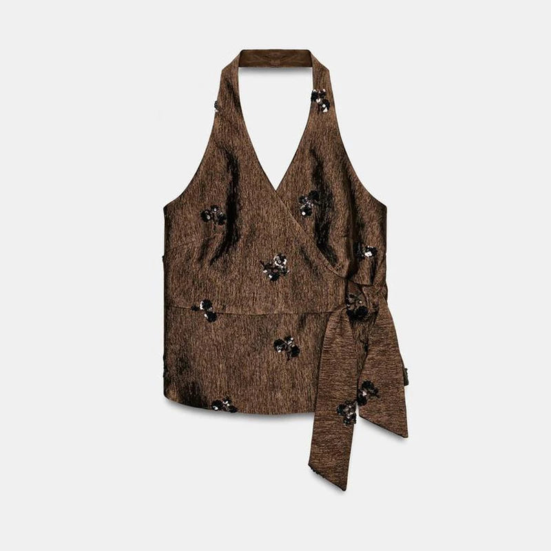 Fashion Floral Sequin 2-piece Outfit Women Tie Waist Wrap Sleeveless Top Wide Leg Pants 2026 Summer Lady Commute Street Outfits
