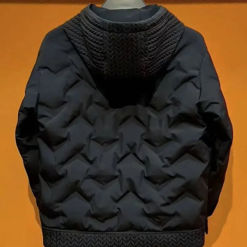 Men's Autumn Winter Hooded Coat Patchwork Cotton Jacket Fashion Versatile Warm Parkas with Wheat Spike Design