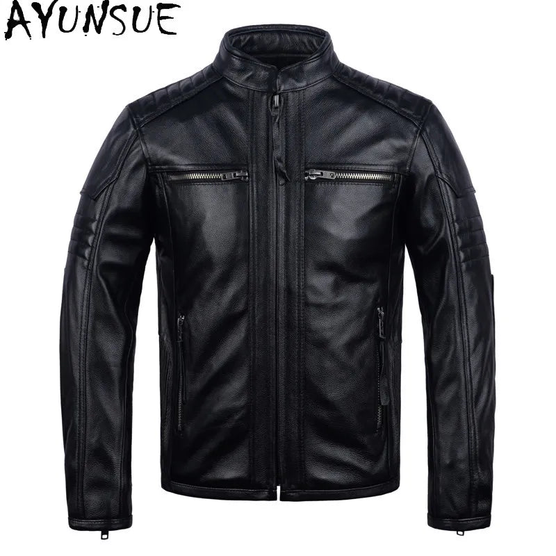 AYUNSUE Pure Cowhide Men Leather Jacket Fashion Stand Collar Short 100% Genuine Cow Leather Real Jacket Slim-fit Motorcycle Wear