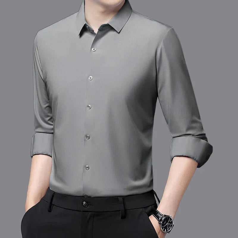 Seamless Anti-wrinkle Business Silky High Elastic Spandex Men's Long-sleeved Shirt Formal Social Non-iron Solid Color Casual