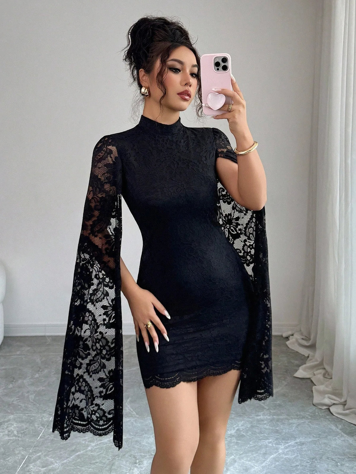 Women Sexy Long Sleeve Lace Dress 2026 Fall Winter, Mandarin Collar Side Slit Slim Midi Dress For Cocktail Dating Night Out