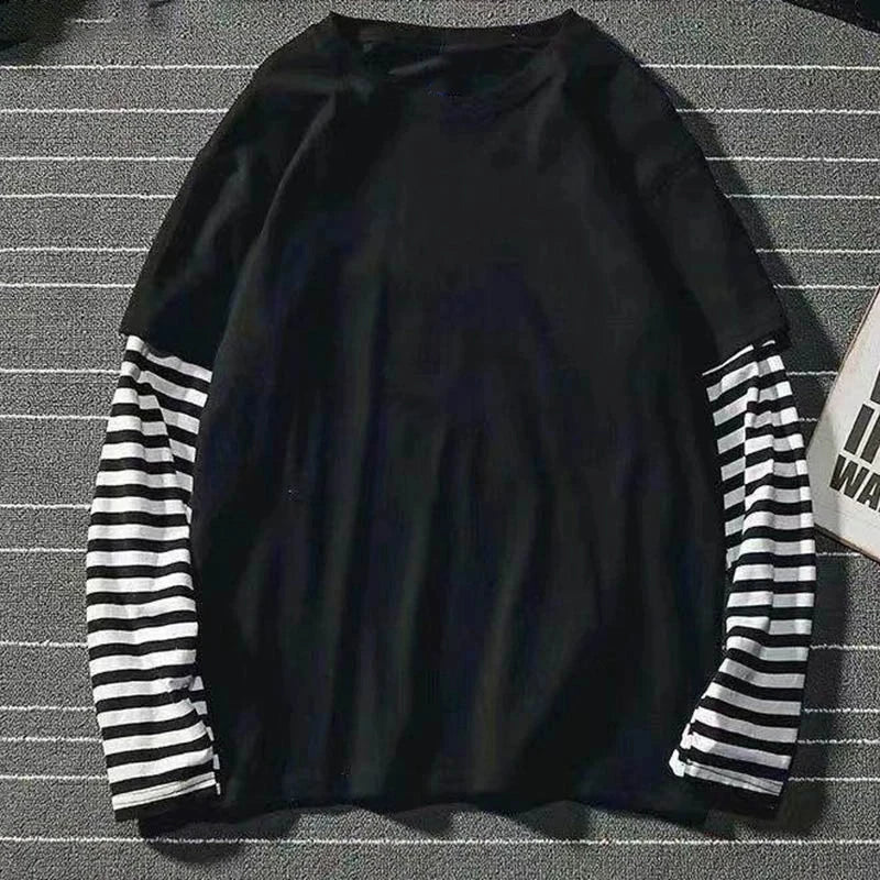 New Harajuku Black White Striped Y2K Long Sleeve Solid Color T-shirts Men Women Fall Fake Two Piece Long Sleeve Loose T-shirt