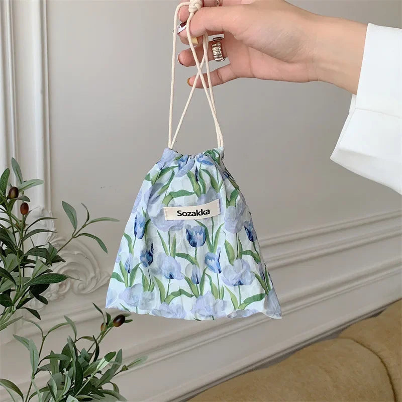 Kawaii Cloth Floral Drawstring Storage Bag Cosmetic Organizer for Women Makeup Handbags Wallet Small Pouch