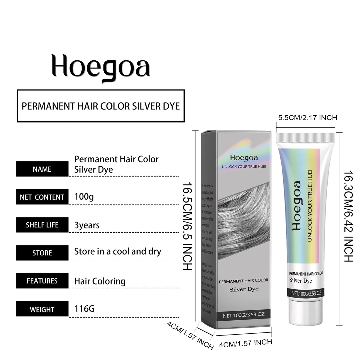 Hoegoa Silver Hair Dye Fashion Look Accurate Color Long Lasting Easy Apply Gentle Ingredients Nourishing Hair Color Cream 100g