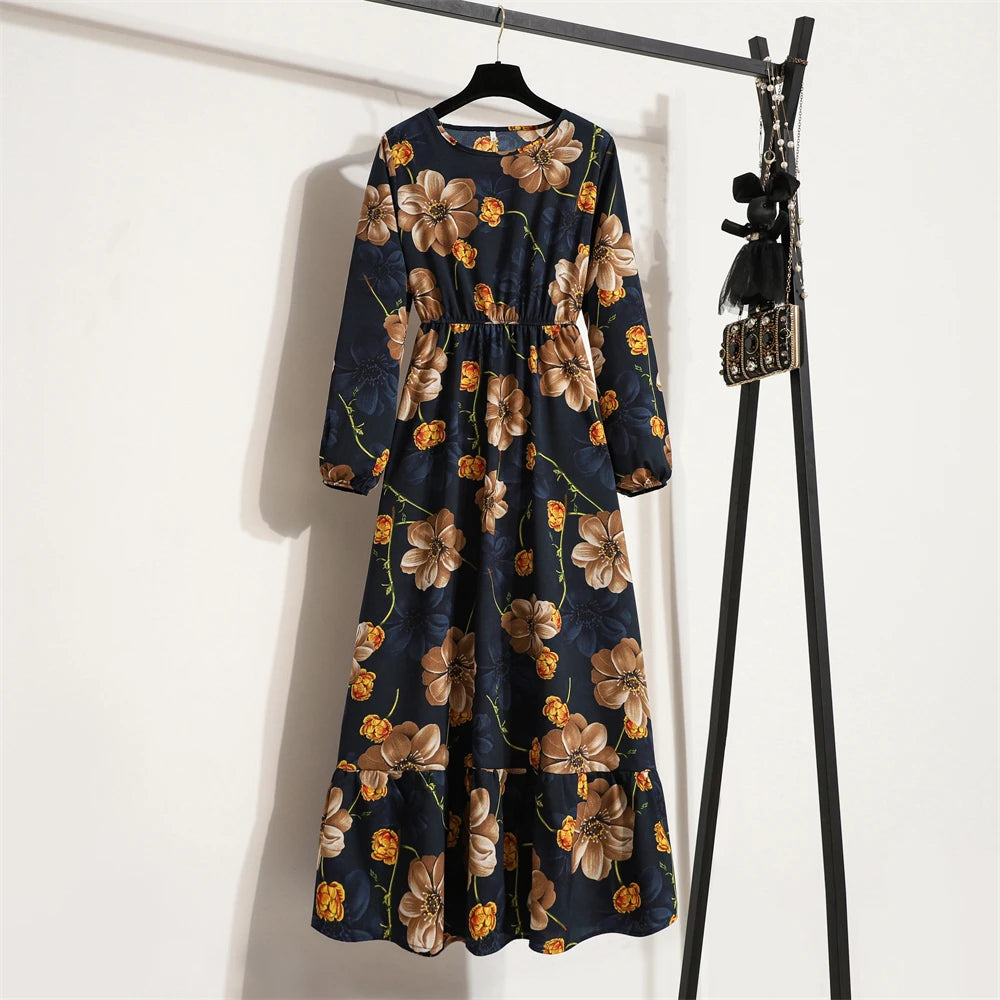 Spring Summer Women Maxi Dresses Casual Full Sleeve Floral Printed O-neck Woman Bohe Beach Party Long Dress Mujer Vestidos