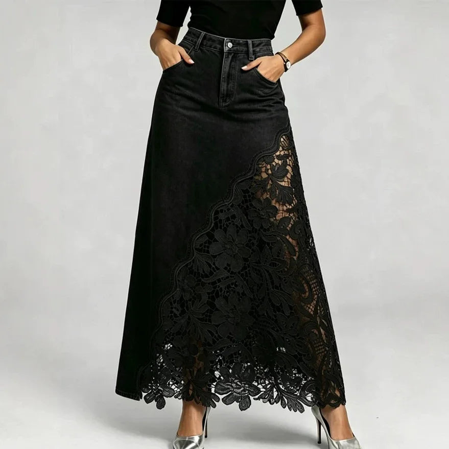 2026 Temperament Washed Denim Lace Splicing Long Hip-wrapped Skirt