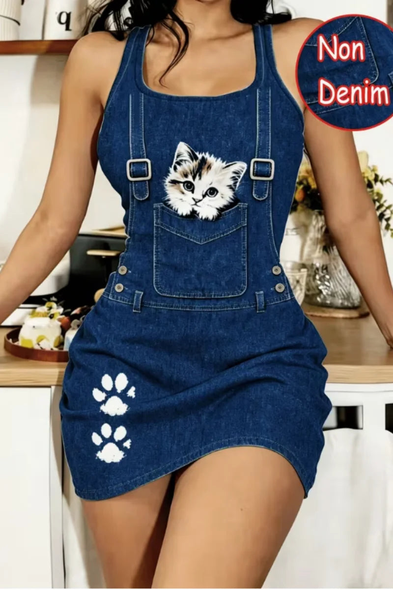 Women’s Spring and Summer Casual Home Wear, Tailored Waistcoat with Sleep Dress, Faux Denim, cartoon Cat Print, Sleeveless Sleep