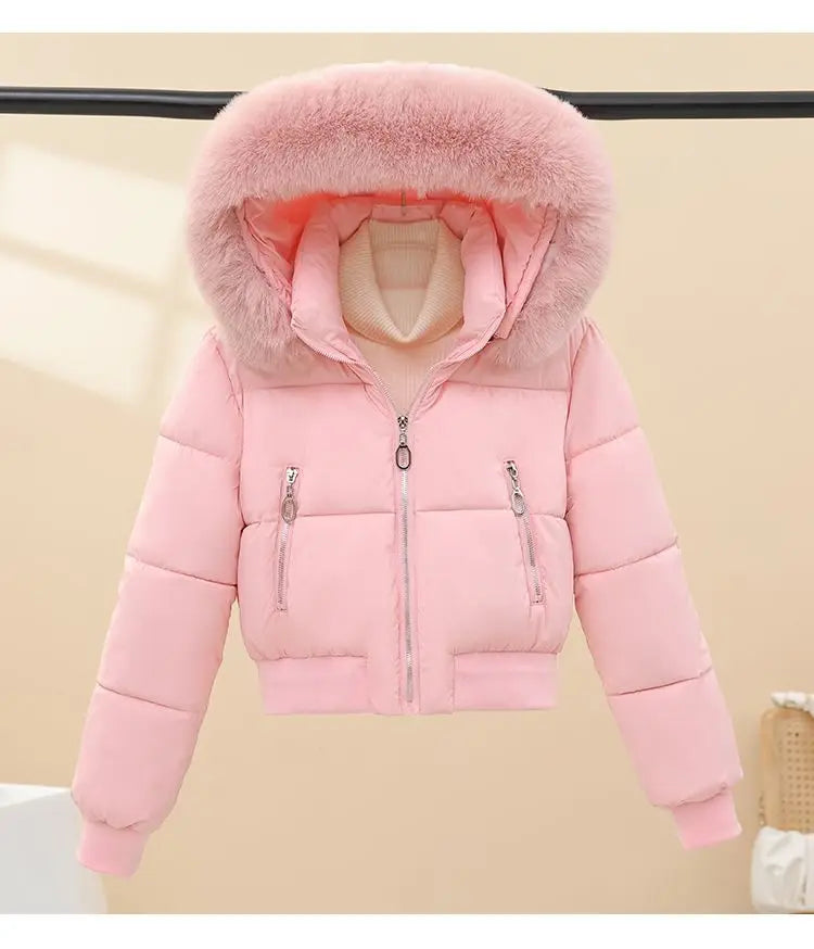 Korean Style Cropped Slim Fit Puffer Parka Women Detachable Faux Fur Trim Hood Thick Warm Zip Pockets Winter Casual Outfit 2026
