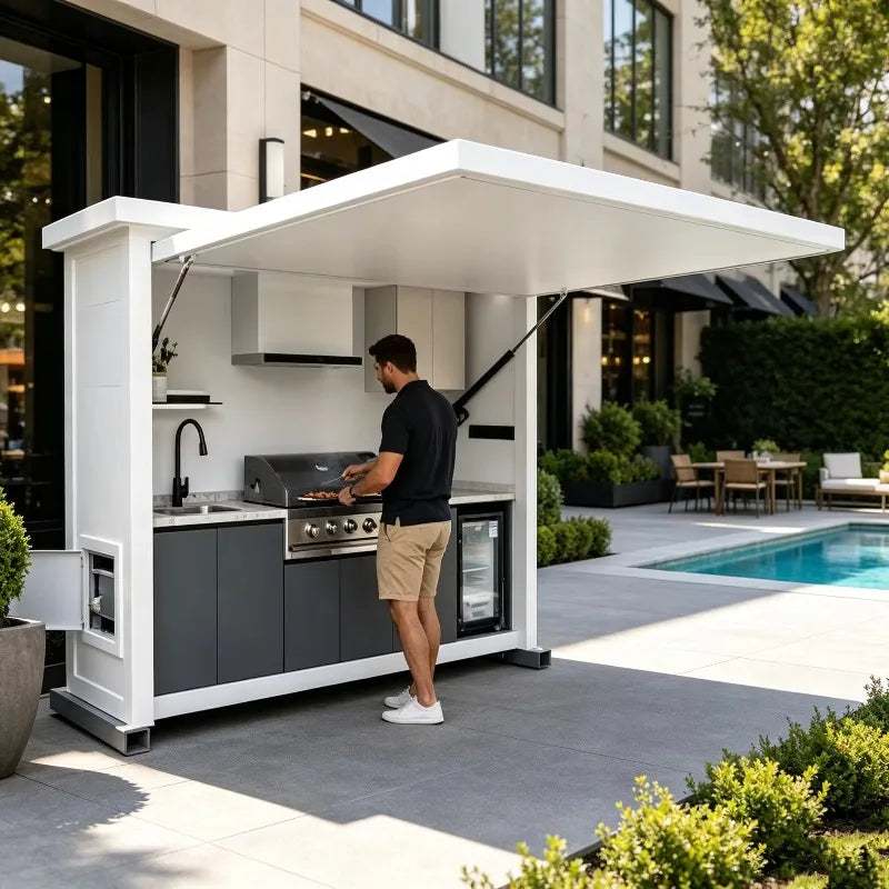 Luxury Outdoor Kitchen Island Set with Built-in Gas BBQ Grill, Pizza Oven & Storage Drawers Prefabricated Patio Cooking Station