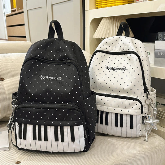 Polka Dot Piano Keyboard Backpack Back-to-school Girl Music Theme Embroidered Nylon Backpack Large Capacity Lightweight Backpack